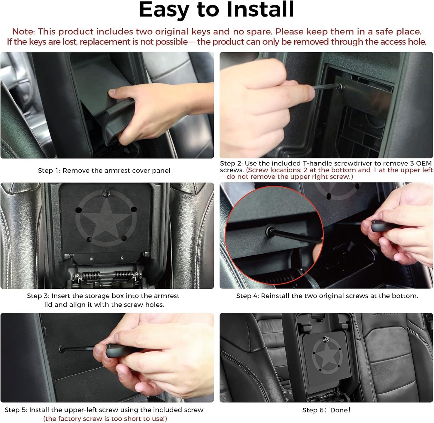 DIAMOOKY Metal Center Console Hidden Organizer for Jeep Wrangler JL JLU 2018-2026 & Gladiator JT 2020 2021 2022 2023 2024 2025 2026 Accessories Armrest Hidden Center Console Storage Box W/Keys, Star - image 8