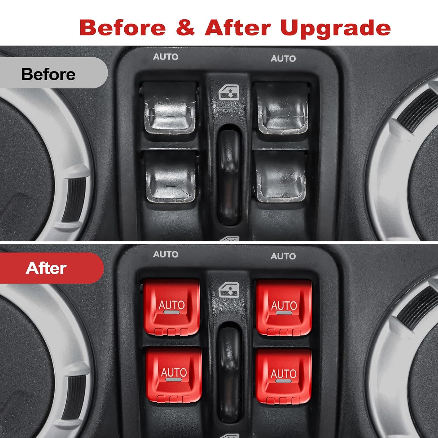 DIAMOOKY Upgraded Metal Window Switch Button Cover for Jeep Wrangler JK JKU 2018 2017 2016 2015 2014 2013 2012 2011 Interior Accessories, Aluminum Alloy, Red - 4pcs - image 4