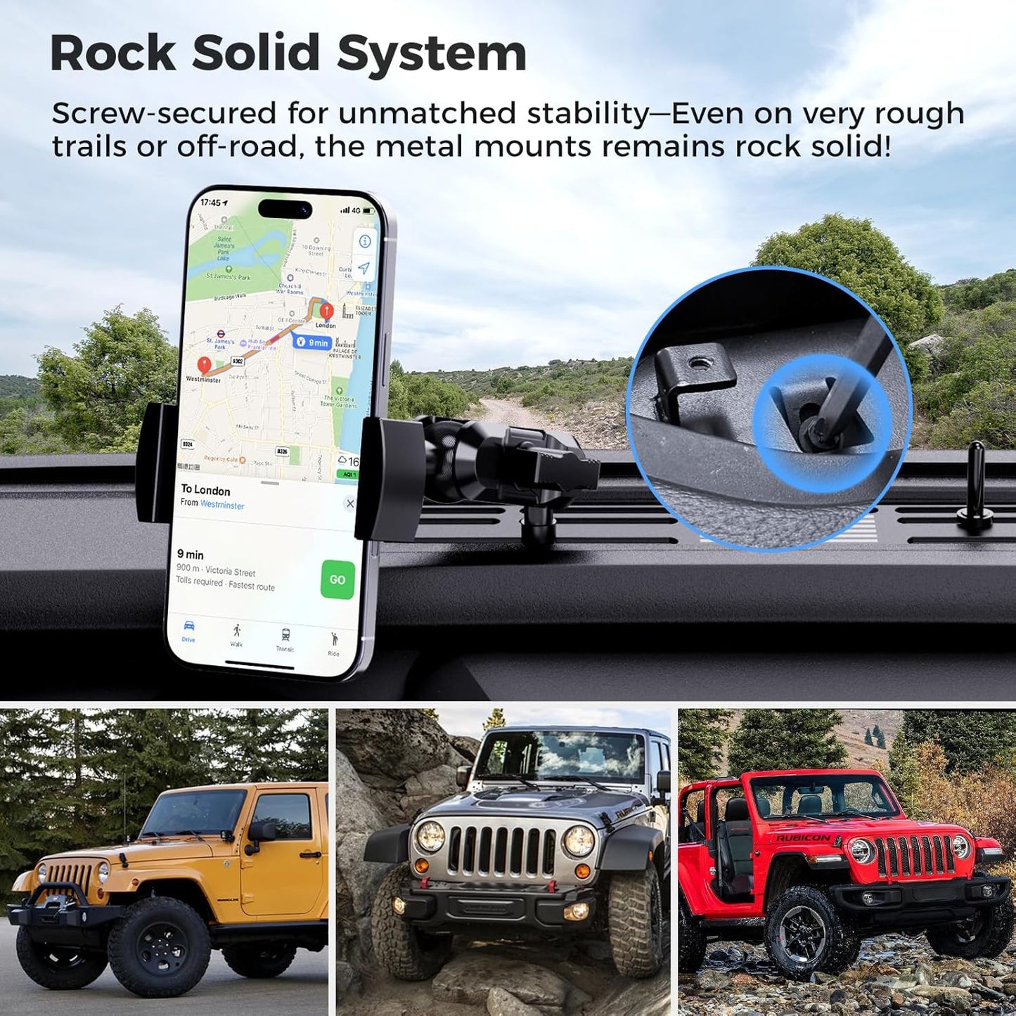 DIAMOOKY Upgraded Metal Phone Mount for Jeep Wrangler JL JLU 2018-2023 & Gladiator JT 2020 2021 2022 2023 Accessories, Dash Phone Holder with Duck Mounts System Kit (Not for 4xe & 2024+) - image 3