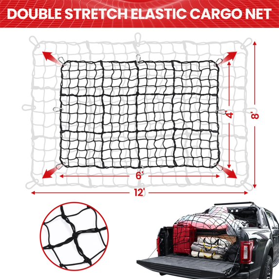 Diamooky 12ft x 8ft Truck Bed Cargo Net – Heavy-Duty Elastic Mesh with 8 Hooks, Universal Fit