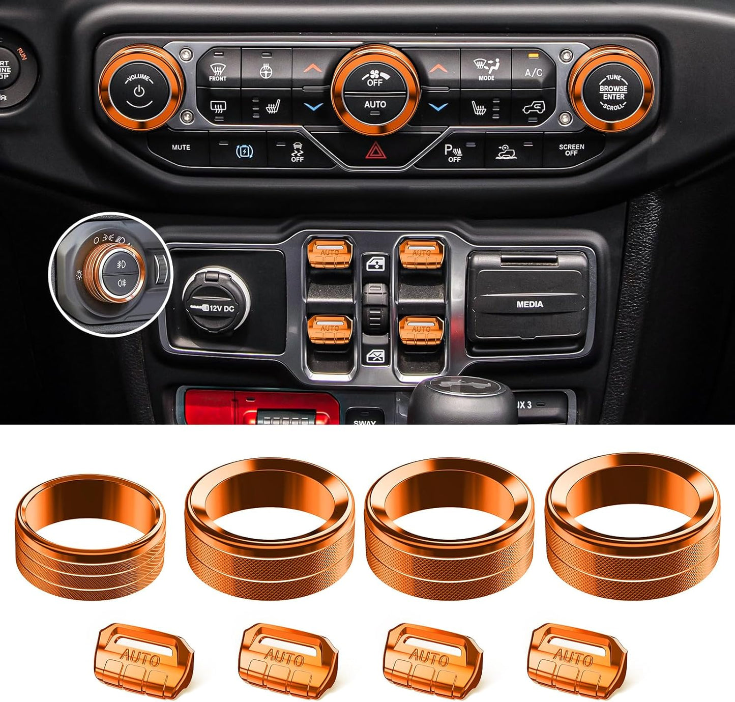 DIAMOOKY Jeep Wrangler & Gladiator Accessories Metal Button Knob Cover, Window Switch Button Cover Volume Radio Air Conditioner Headlight Switch Knob Cover,8PCS,Orange